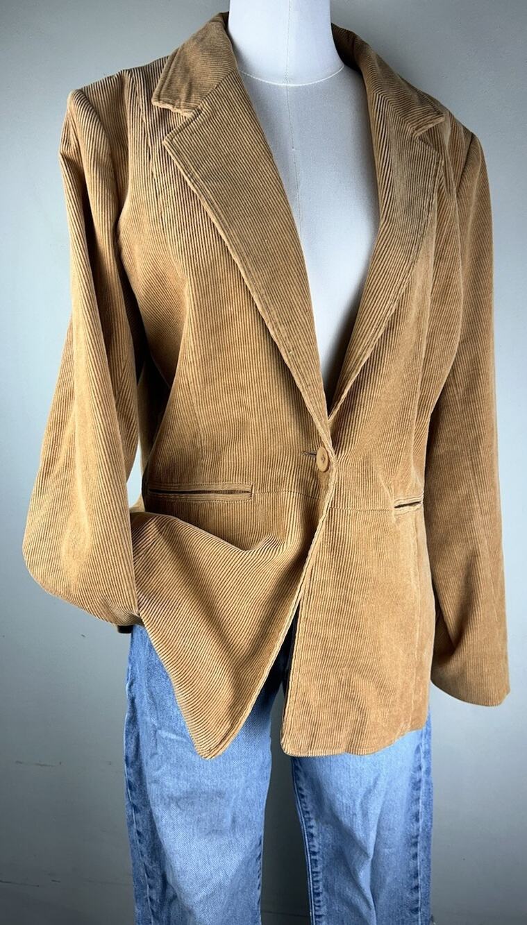 Denim & Co One Button Pinwale Corduroy Notch Collar Tan Jacket Medium Classic